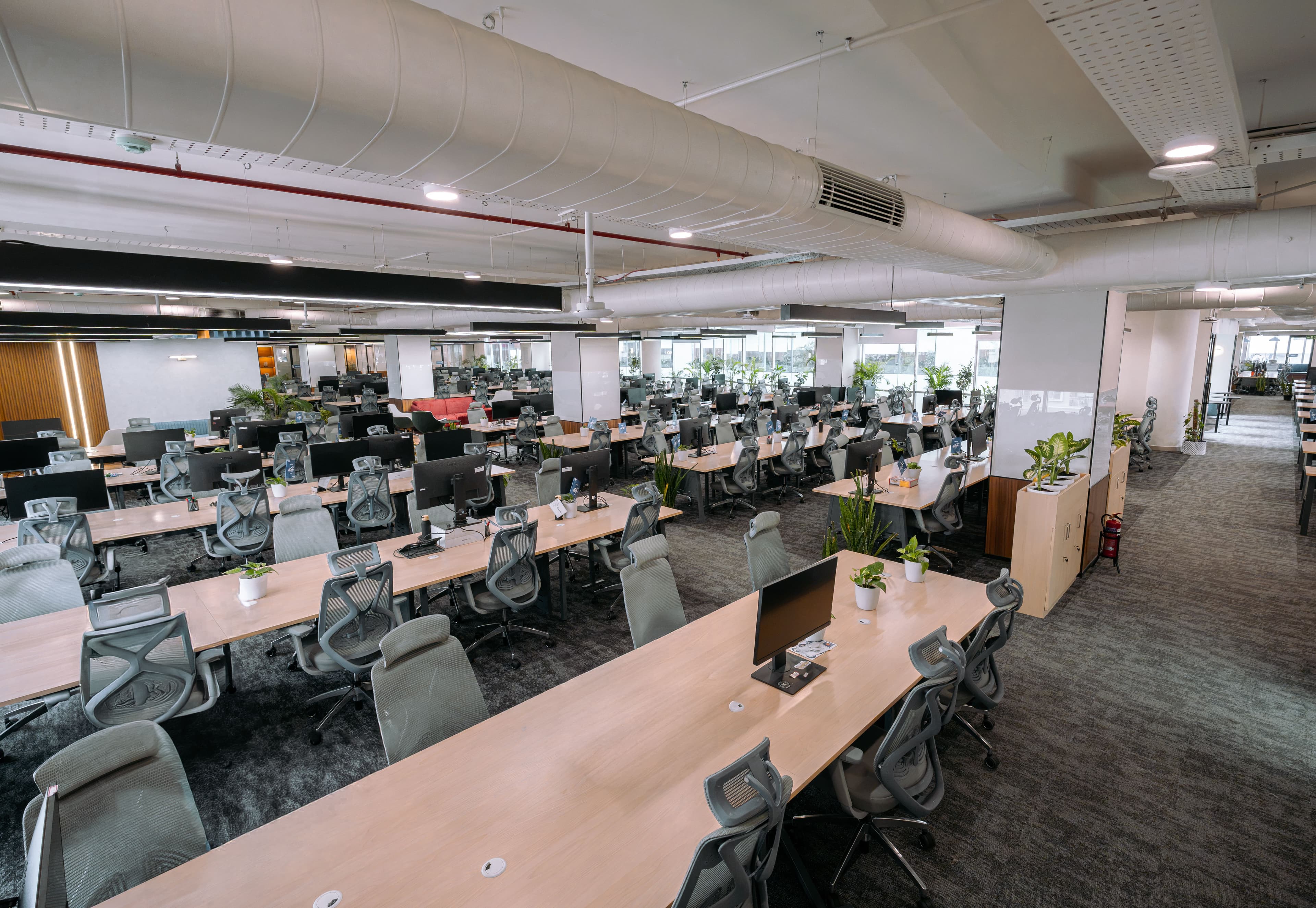 Vibrant shared coworking area and hot-desking zone filled with natural light at Urban Vault.